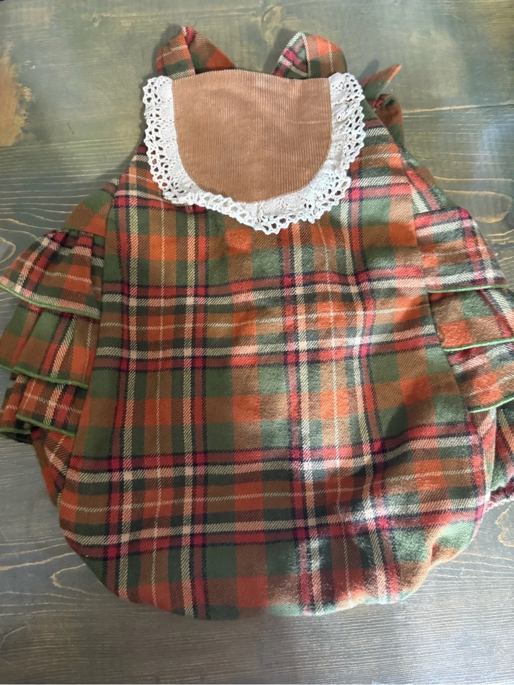 Ricrac and Ruffles Plaid Ruffle Bib One-Piece in Green & Orange size 24 M